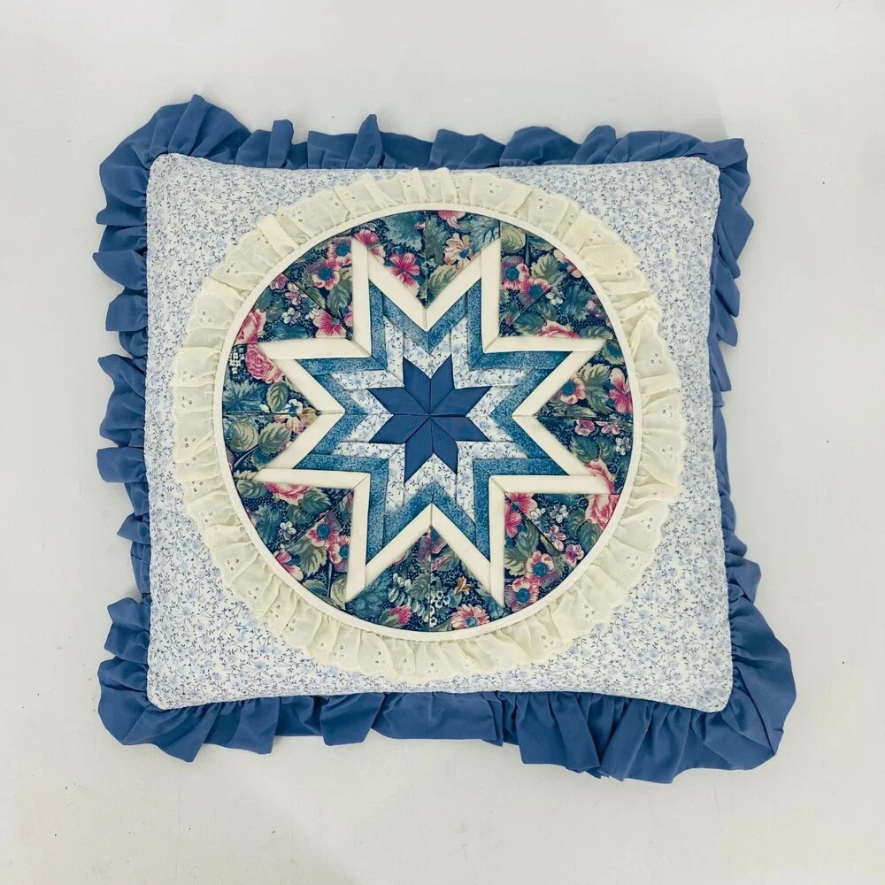 Vintage Handmade Amish Quilt Star Throw Pillow Blue White Floral Patchwork Ruffl